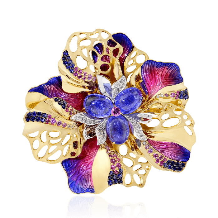 Подвеска-брошь в виде цветка с танзанитом, бриллиантами, цветными сапфирами из желтого золота 750 пробы, фото № 1