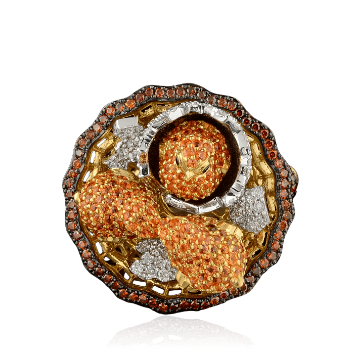 Кольцо Птенцы в гнезде с цветными сапфирами, бриллиантами в комбинированном золоте 750 пробы, фото № 3