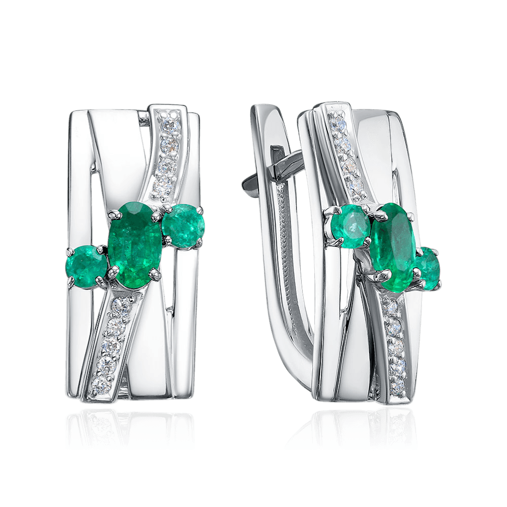 Серьги с изумрудом, бриллиантами из белого золота 585 пробы (арт. 128757)