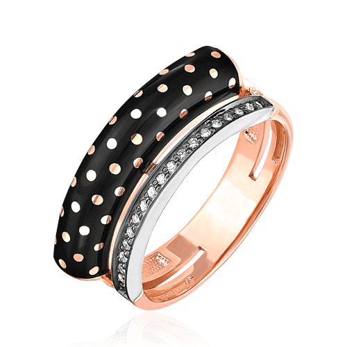 Стильное кольцо из красного и белого золота 585 пробы с бриллиантами и чёрной горячей эмалью с «гороховым» принтом, фото № 1