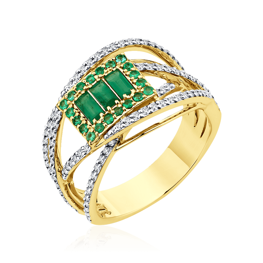 Кольцо с бриллиантами, изумрудом из желтого золота 585 пробы (арт. 101438)