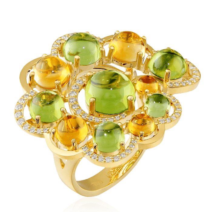 Кольцо с бриллиантами, хризолитом, цитрином из желтого золота 750 пробы, фото № 1