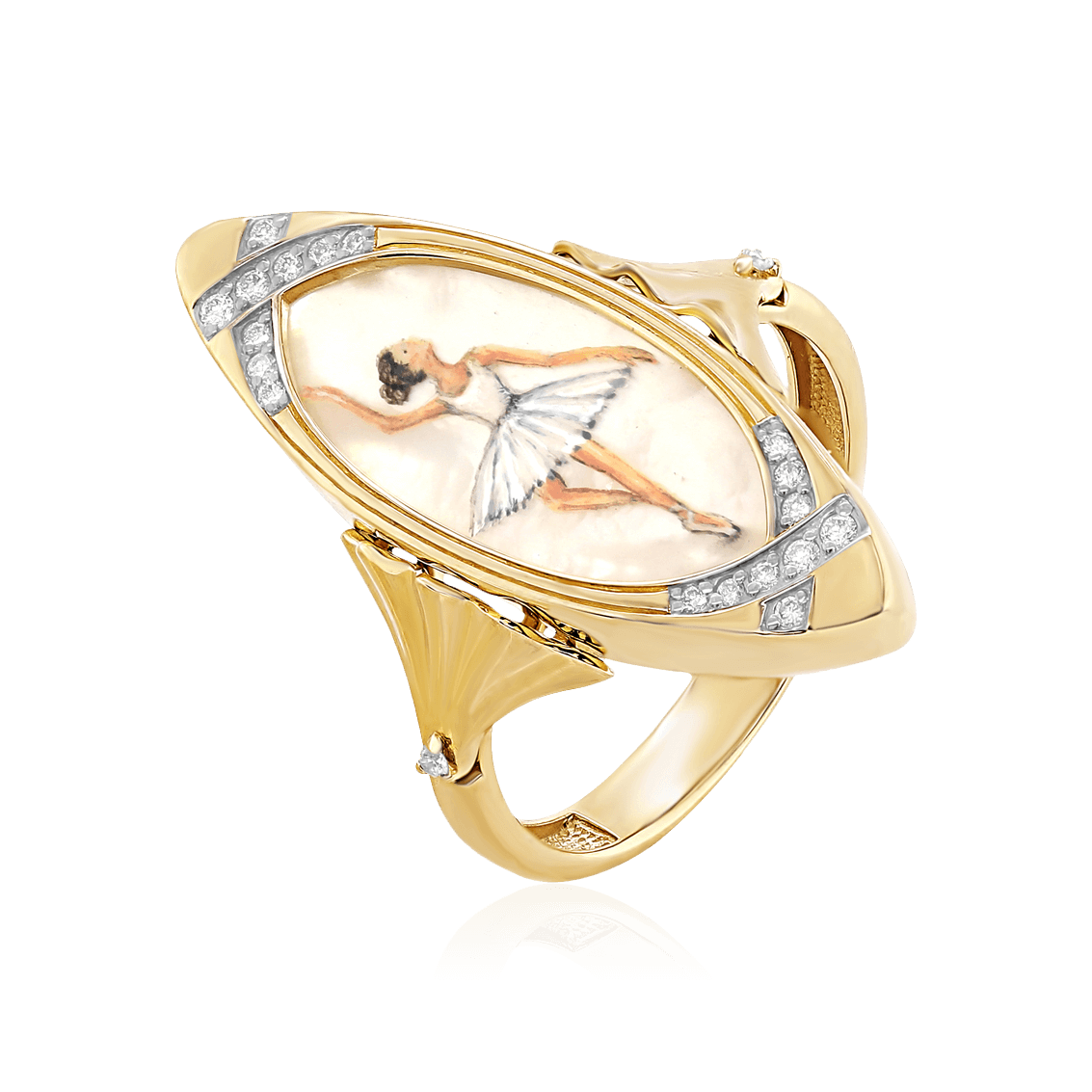 Кольцо Балерина с перламутром, горячей эмалью бриллиантами из желтого золота 585 пробы (арт. 104057)