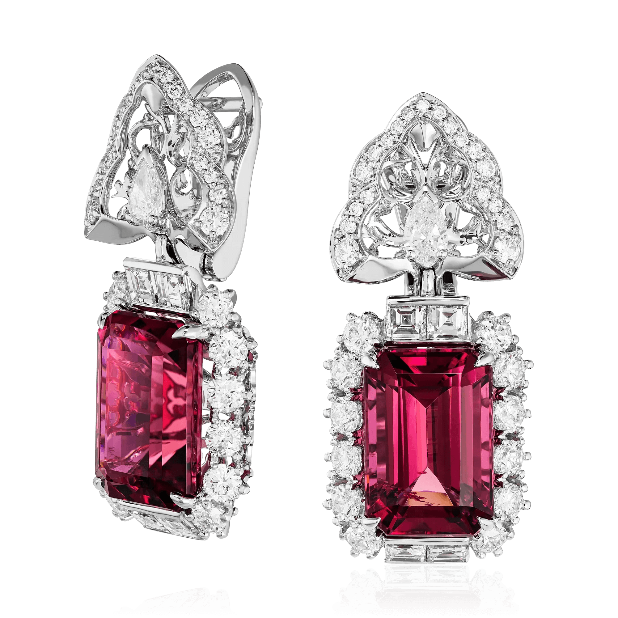 Серьги с рубеллитом, бриллиантами из белого золота 750 пробы (арт. 127366)