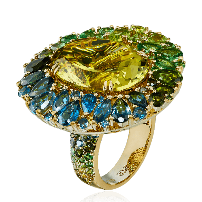 Кольцо с кварцем, бриллиантами, хризолитом, топазом, турмалином, демантоидом, тсаворитом, цветными сапфирами из желтого золота 585 пробы (арт. 42241)