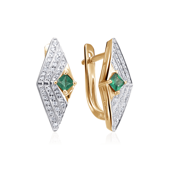 Серьги с изумрудом, бриллиантами из красного золота 585 пробы (арт. 70966)