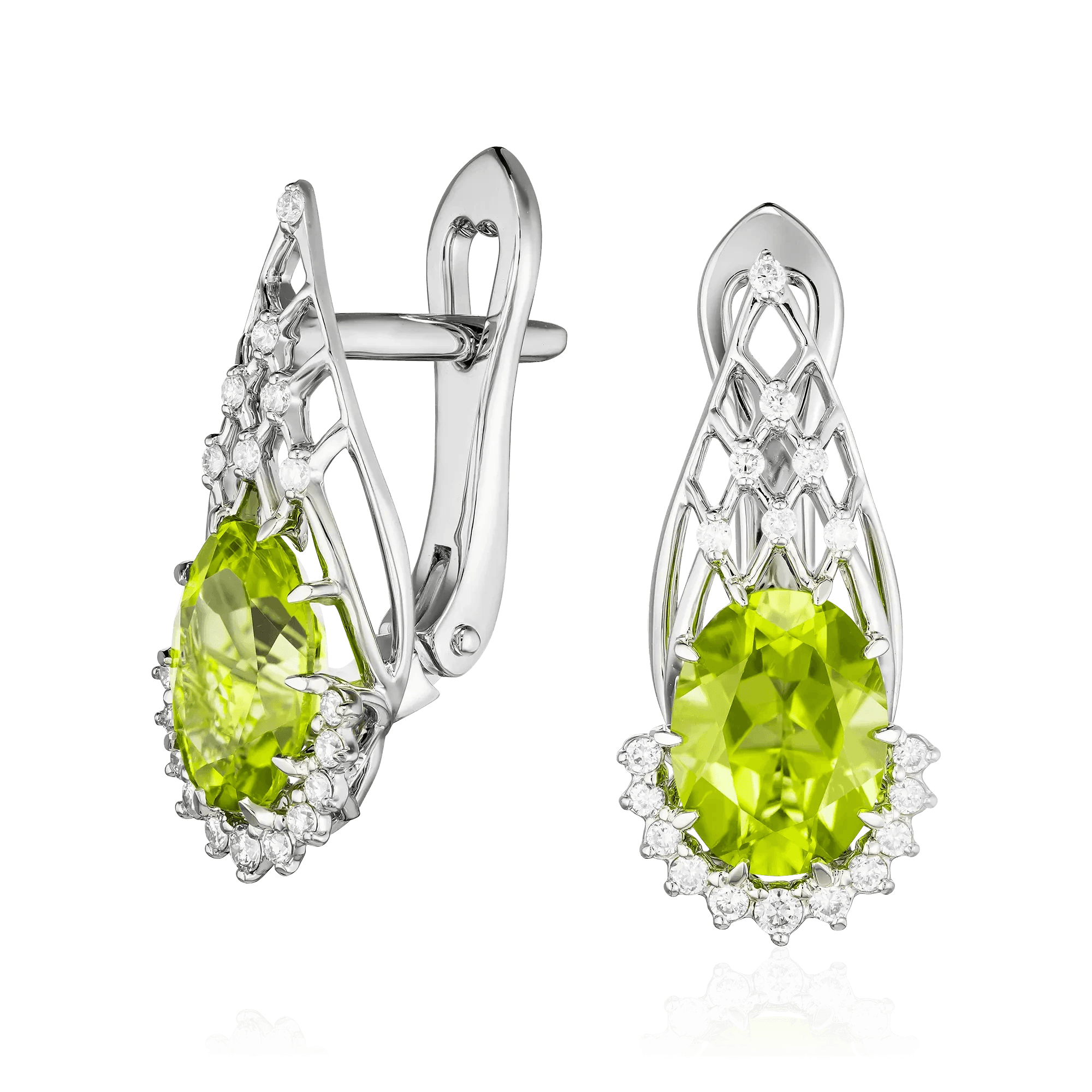 Серьги с бриллиантами, хризолитом из белого золота 585 пробы (арт. 132863)