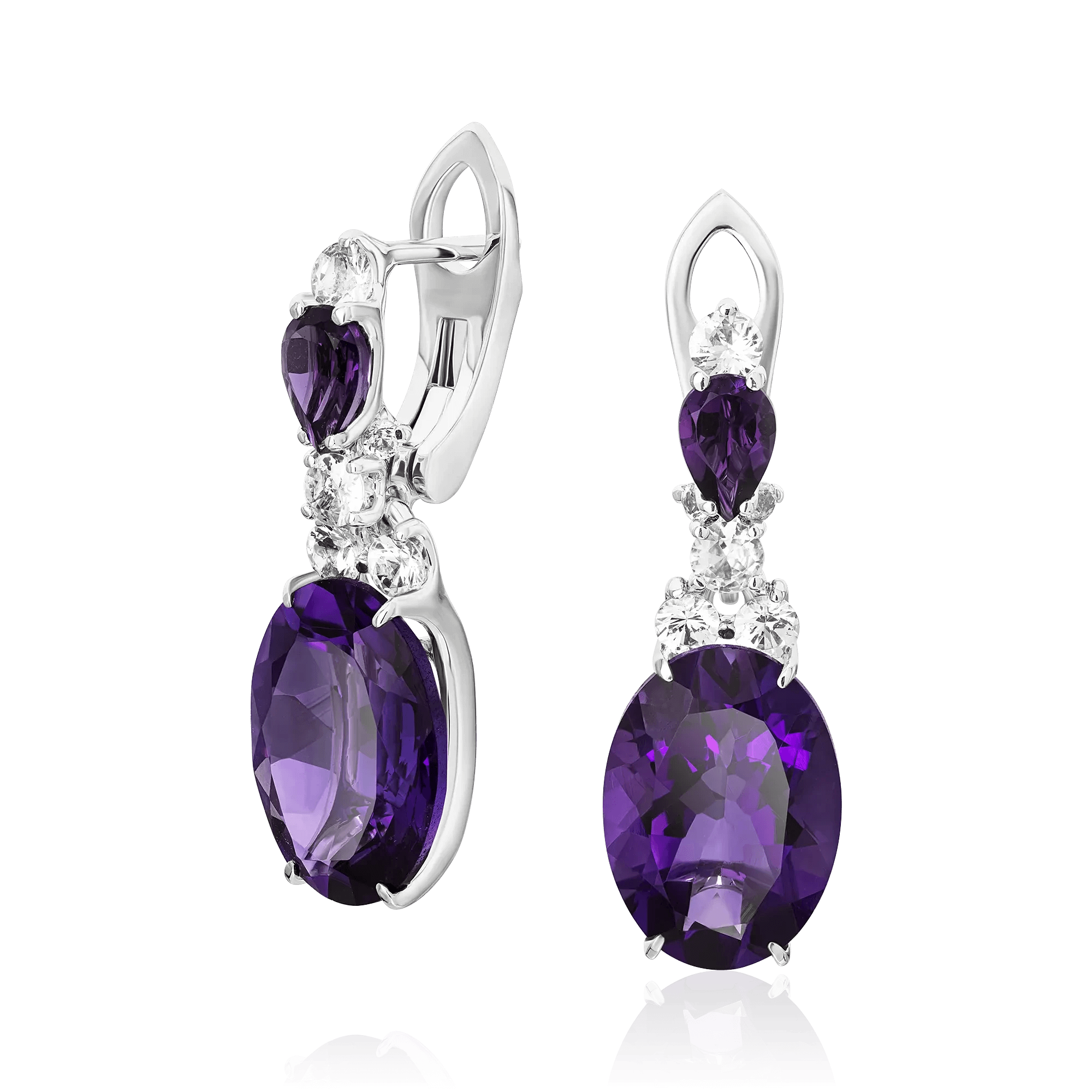 Серьги с аметистом, белыми сапфирами из белого золота 585 пробы (арт. 121394)
