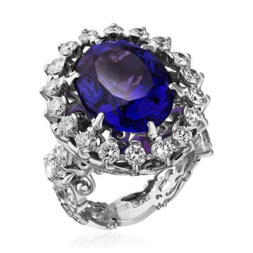 Кольцо с танзанитом, сапфиром, бриллиантами из белого золота 750 пробы, фото № 1