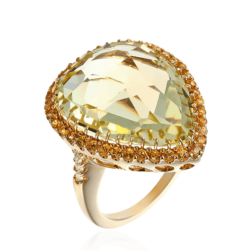 Кольцо с кварцем, бриллиантами, сапфиром из желтого золота 585 пробы, фото № 1