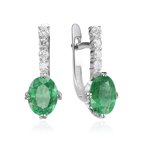 Серьги с изумрудом, бриллиантами из белого золота 585 пробы, фото № 1