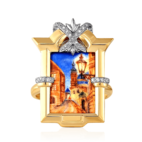 Коктейльное кольцо из комплекта «Старый город» из лимонного золота с бриллиантами в виде миниатюрной картины в технике расписной финифти (арт. 45180)