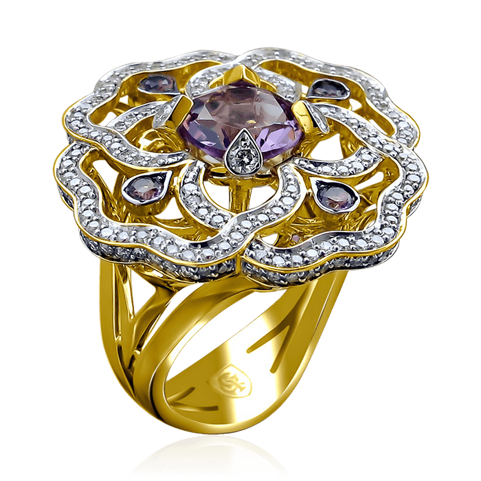 Кольцо с бриллиантами, аметистом из комбинированного золота 750 пробы, фото № 1