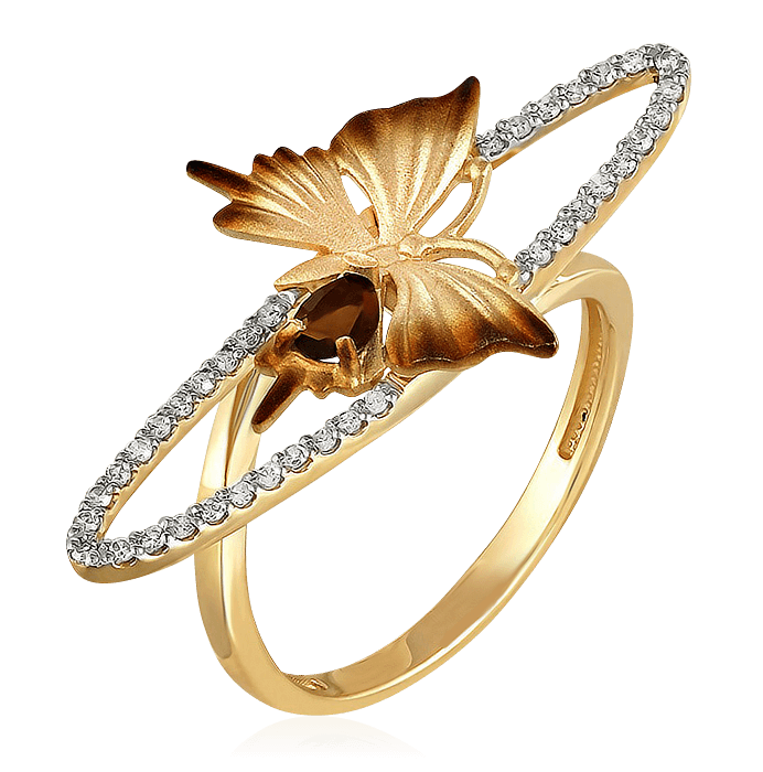 Кольцо с раухтопазом, бриллиантами из желтого золота 585 пробы из коллекции Танец Бабочек (арт. 41426)