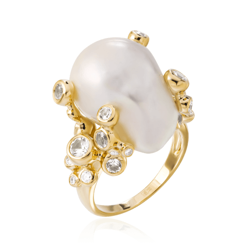 Кольцо с жемчугом, белыми сапфирами, бриллиантами из желтого золота 750 пробы, фото № 1