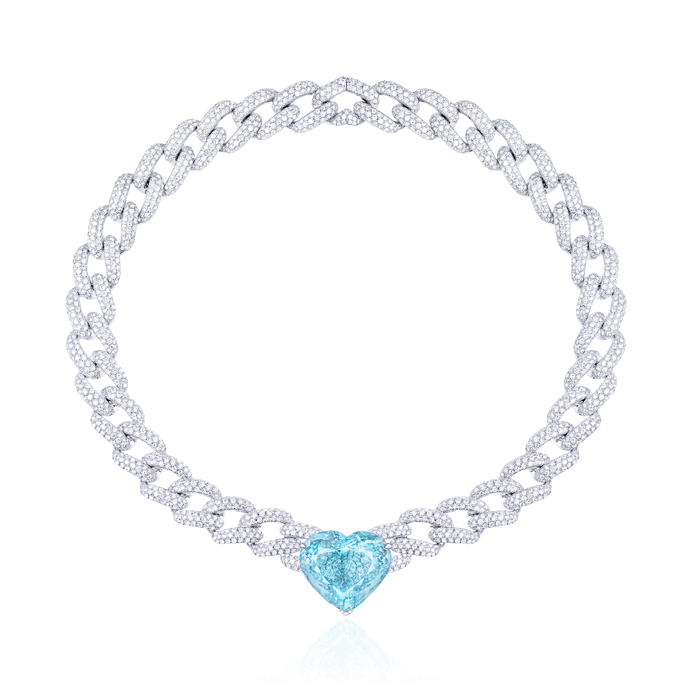 Колье в виде крупной цепи с турмалином Параиба огранки сердце и бриллиантами из белого золота 750 пробы, фото № 1