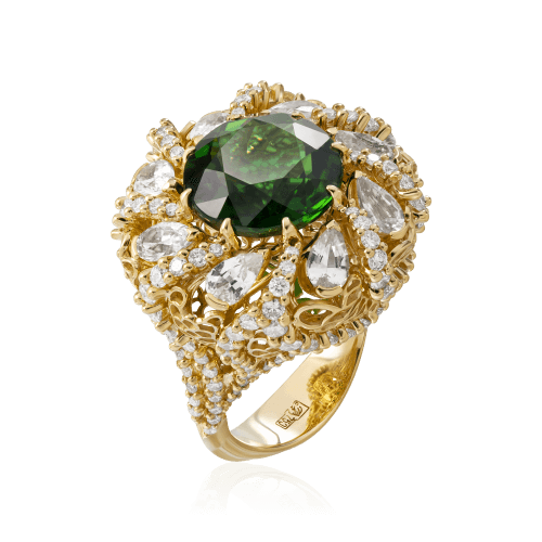 Кольцо с хромтурмалином, белыми сапфирами, бриллиантами из желтого золота 750 пробы, фото № 1