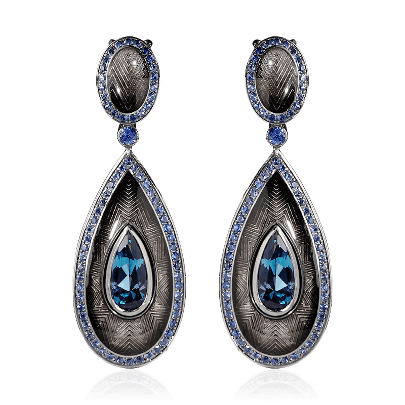 Серьги с топазом, сапфиром, эмалью из белого золота 750 пробы, фото № 1