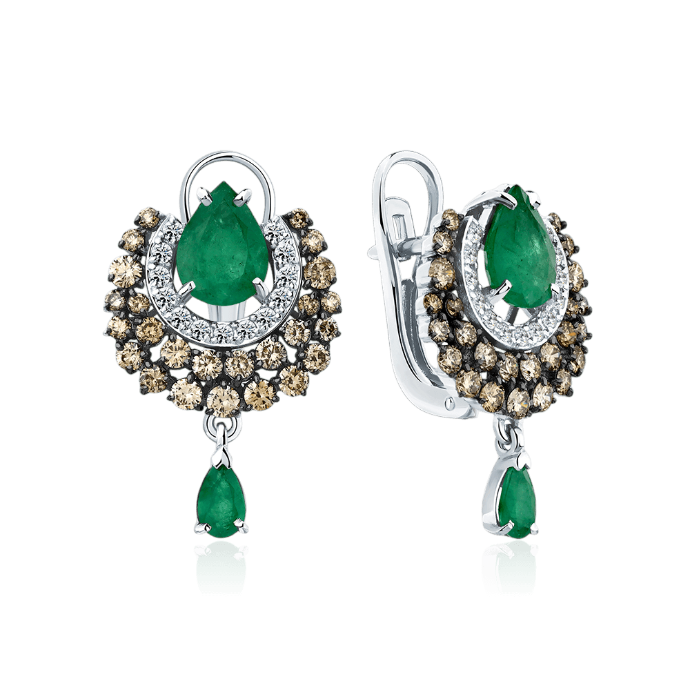 Серьги с изумрудом, бриллиантами из белого золота 585 пробы (арт. 134880)