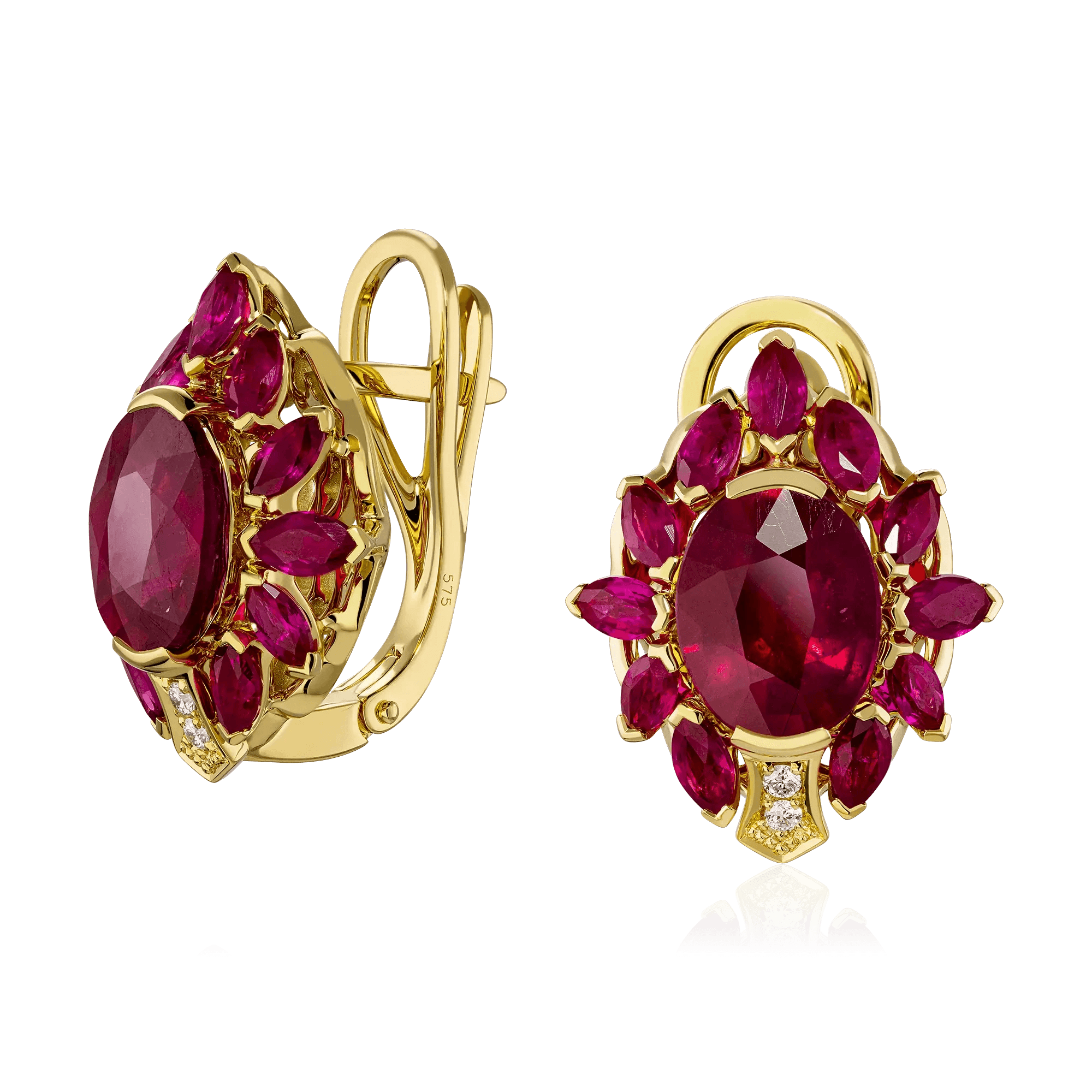 Серьги с рубином, бриллиантами из желтого золота 750 пробы (арт. 130505)