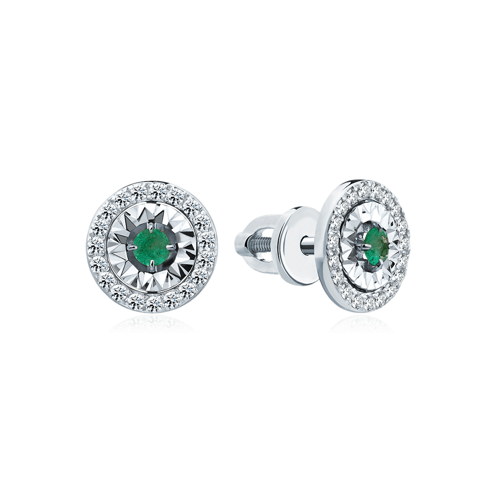 Серьги с изумрудом, бриллиантами из белого золота 585 пробы (арт. 131600)