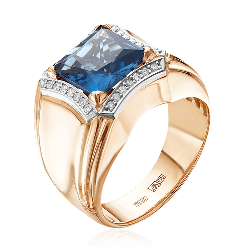 Мужское кольцо с лондон топазом, бриллиантами из красного золота 585 пробы, фото № 1