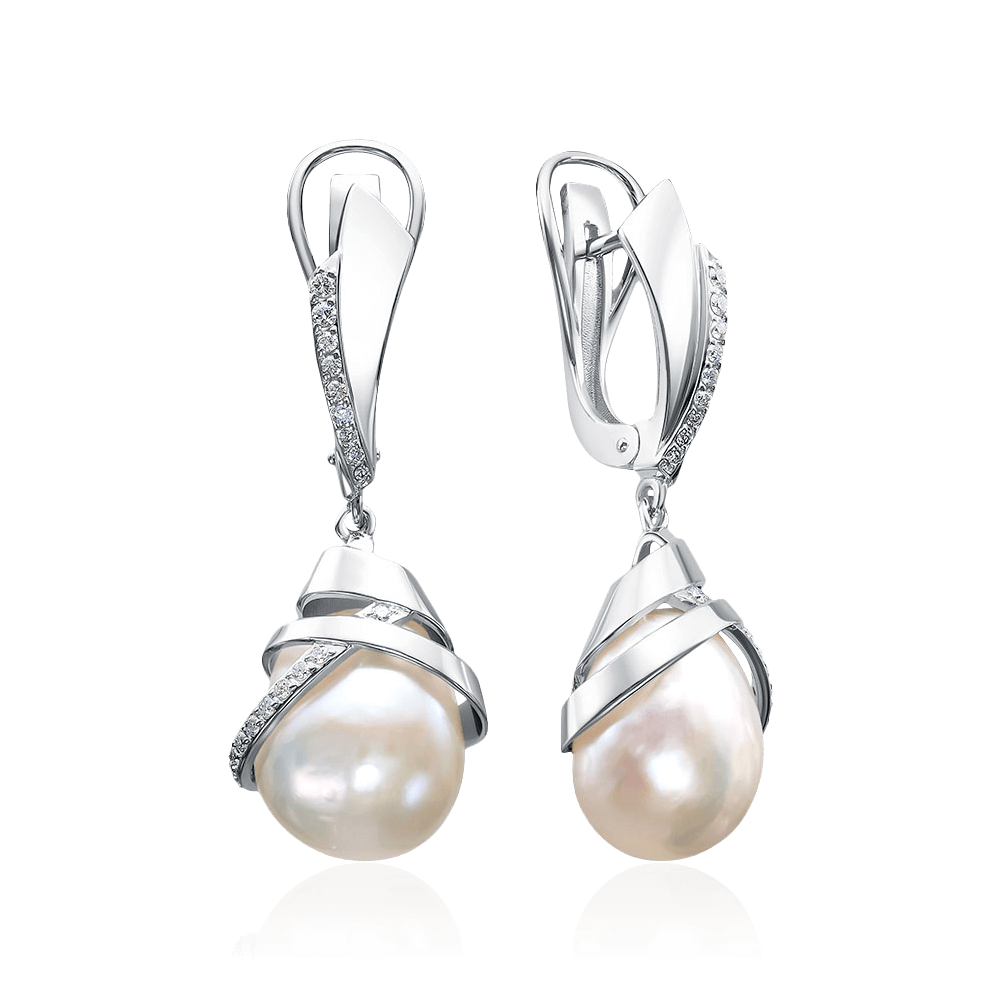 Серьги с бриллиантами, жемчугом из белого золота 585 пробы (арт. 117875)