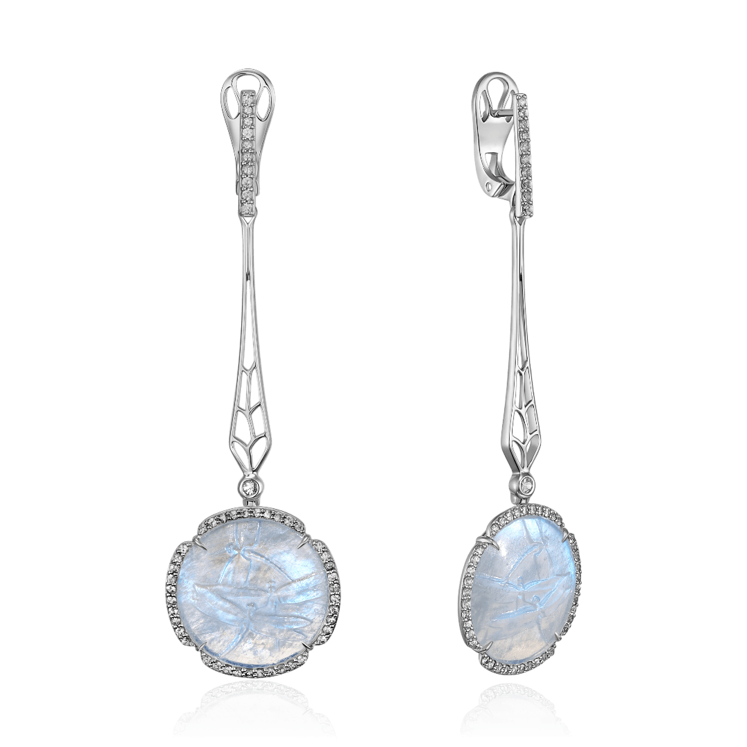 Серьги с лунным камнем, топазом, сапфиром из белого золота 585 пробы (арт. 126478)