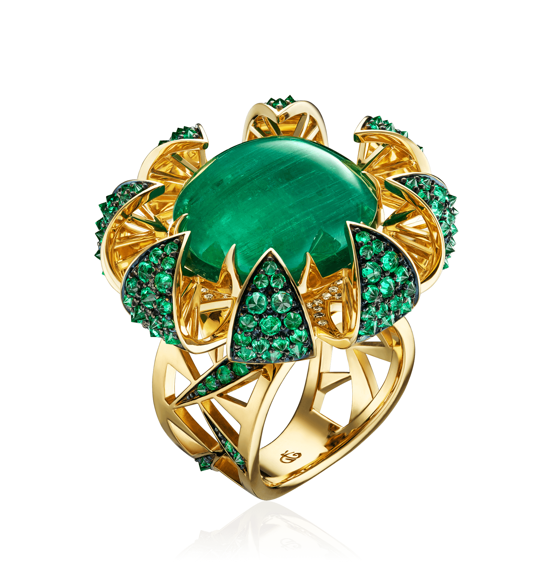 Кольцо Кактус с уникальным уральским изумрудом, бриллиантами из желтого золота 750 пробы (арт. 103840)