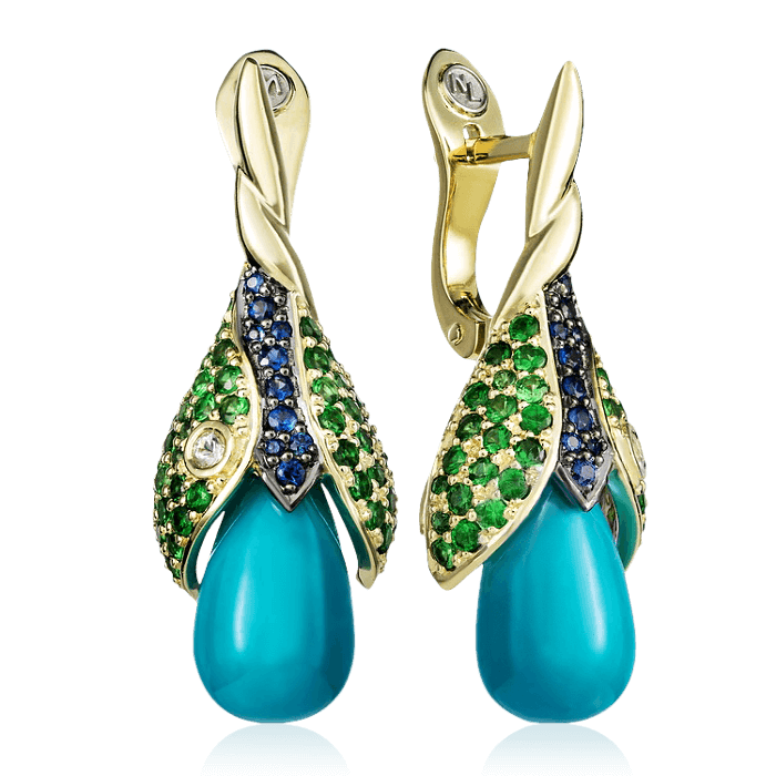 Серьги Libelle с бирюзой, тсаворитом, сапфиром из желтого золота 585 пробы, фото № 1