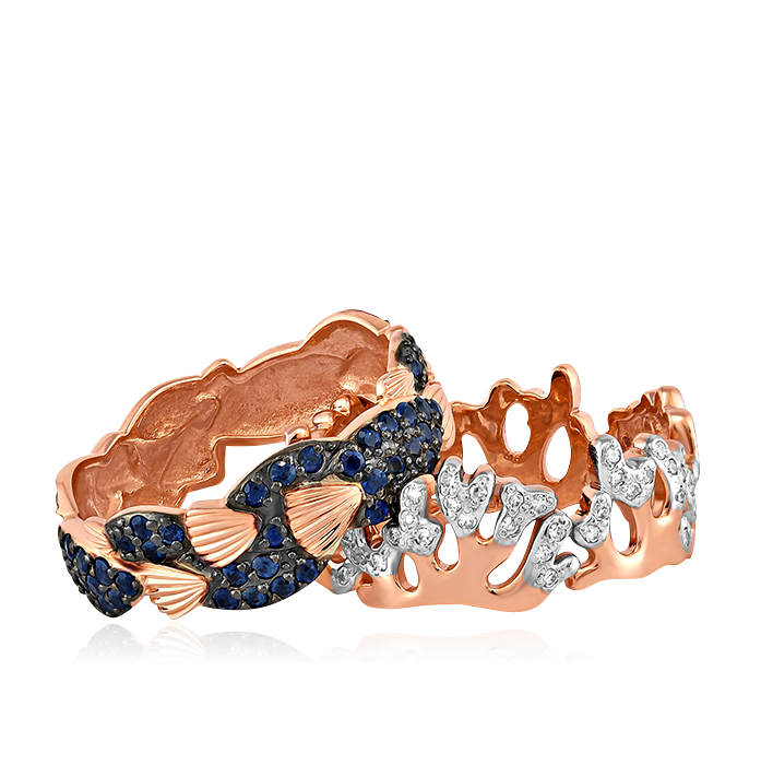 Сборное кольцо в виде юрких рыбешек, окруживших коралловый риф с сапфиром, бриллиантами из красного золота 585 пробы, фото № 2