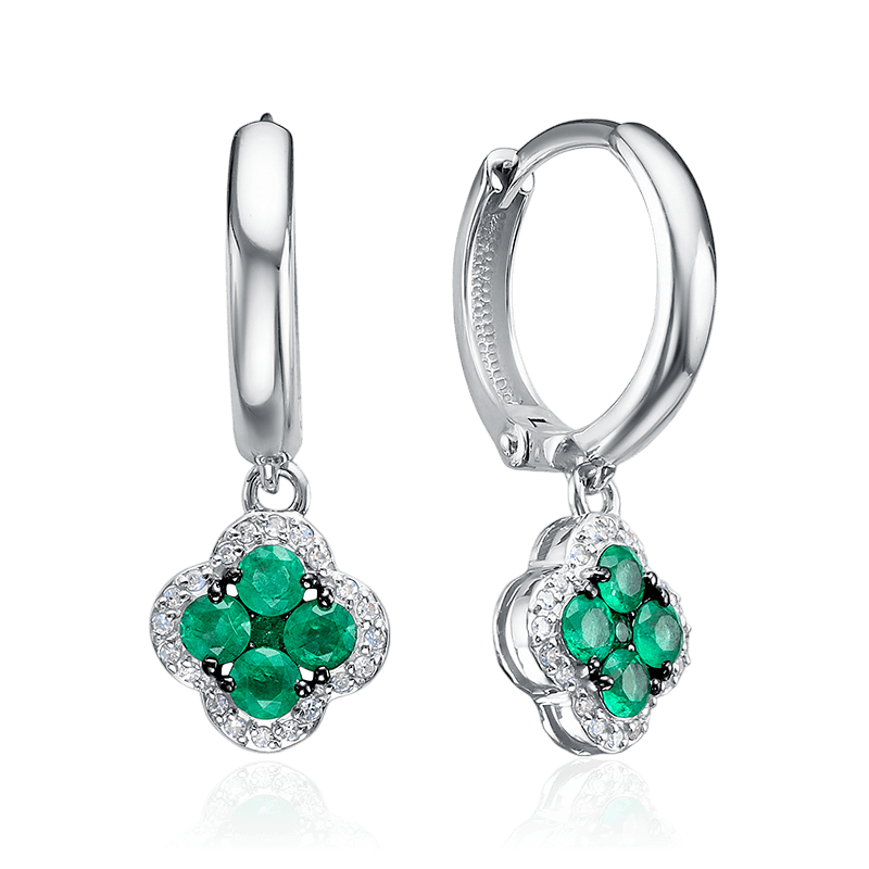 Серьги с изумрудом, бриллиантами из белого золота 585 пробы (арт. 125304)