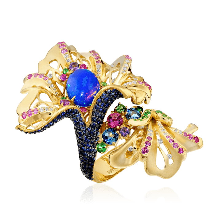 Кольцо с опалом, бриллиантами, аметистом, демантоидом, сапфиром из комбинированного золота 750 пробы, фото № 1
