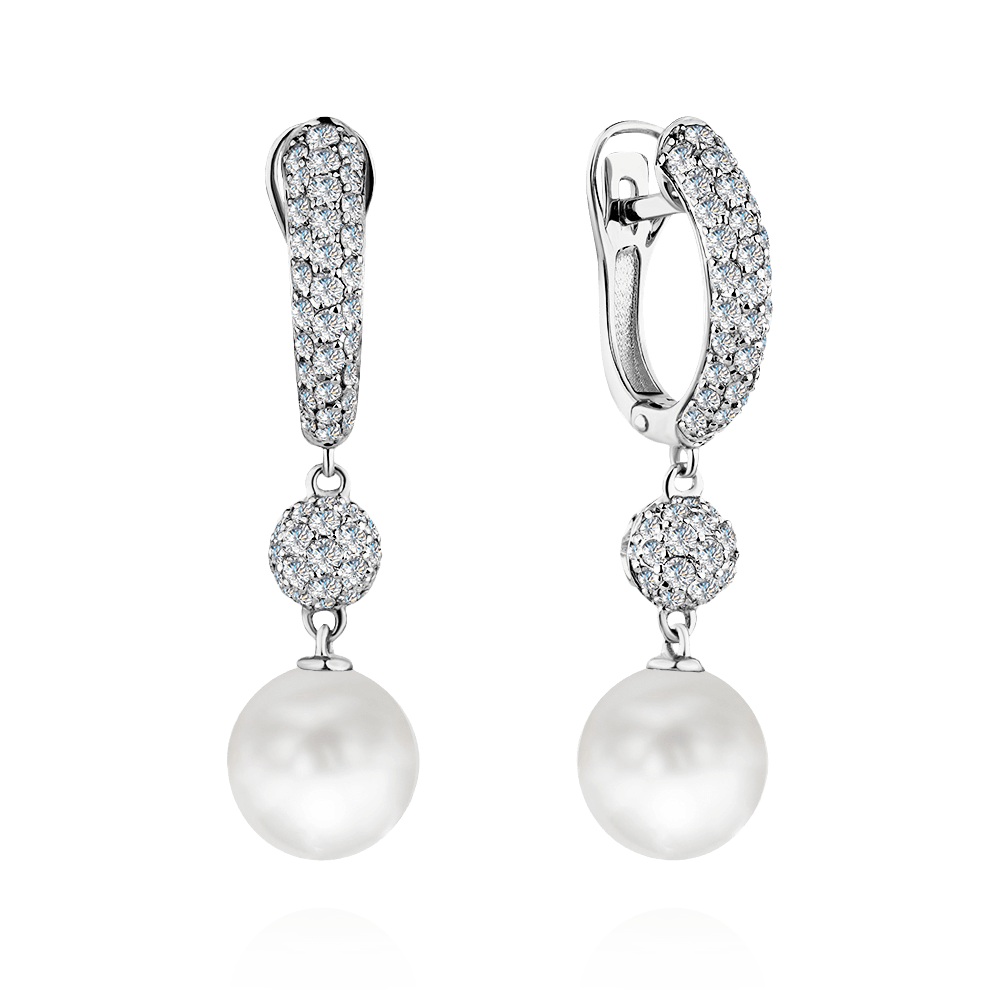 Серьги с бриллиантами, жемчугом из белого золота 585 пробы, фото № 1