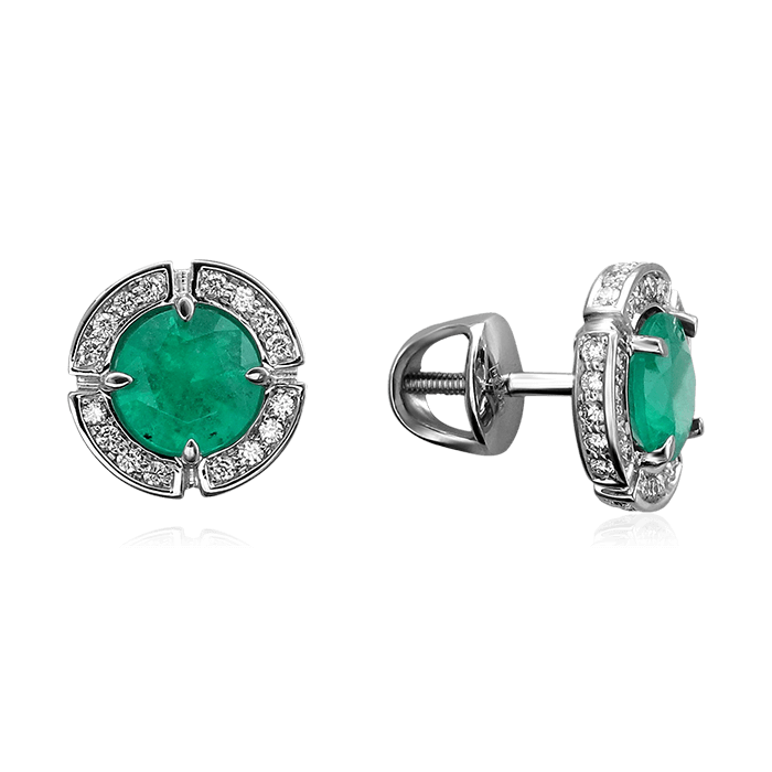 Серьги с изумрудом, бриллиантами из белого золота 585 пробы, фото № 1