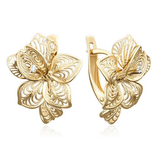 Серьги Цветы с фианитами из желтого золота 585 пробы, фото № 1