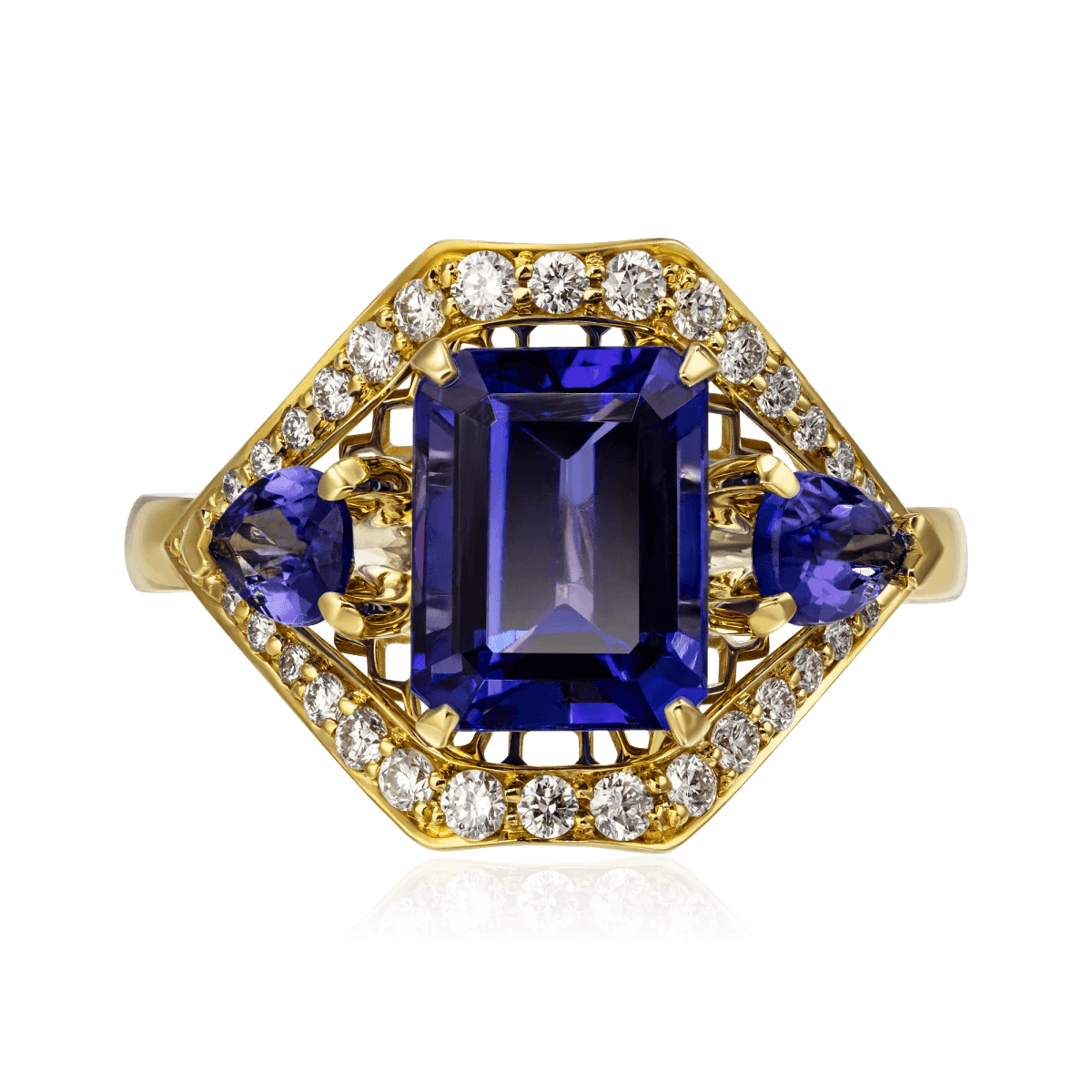 Кольцо с танзанитом, бриллиантами из желтого золота 750 пробы, фото № 3