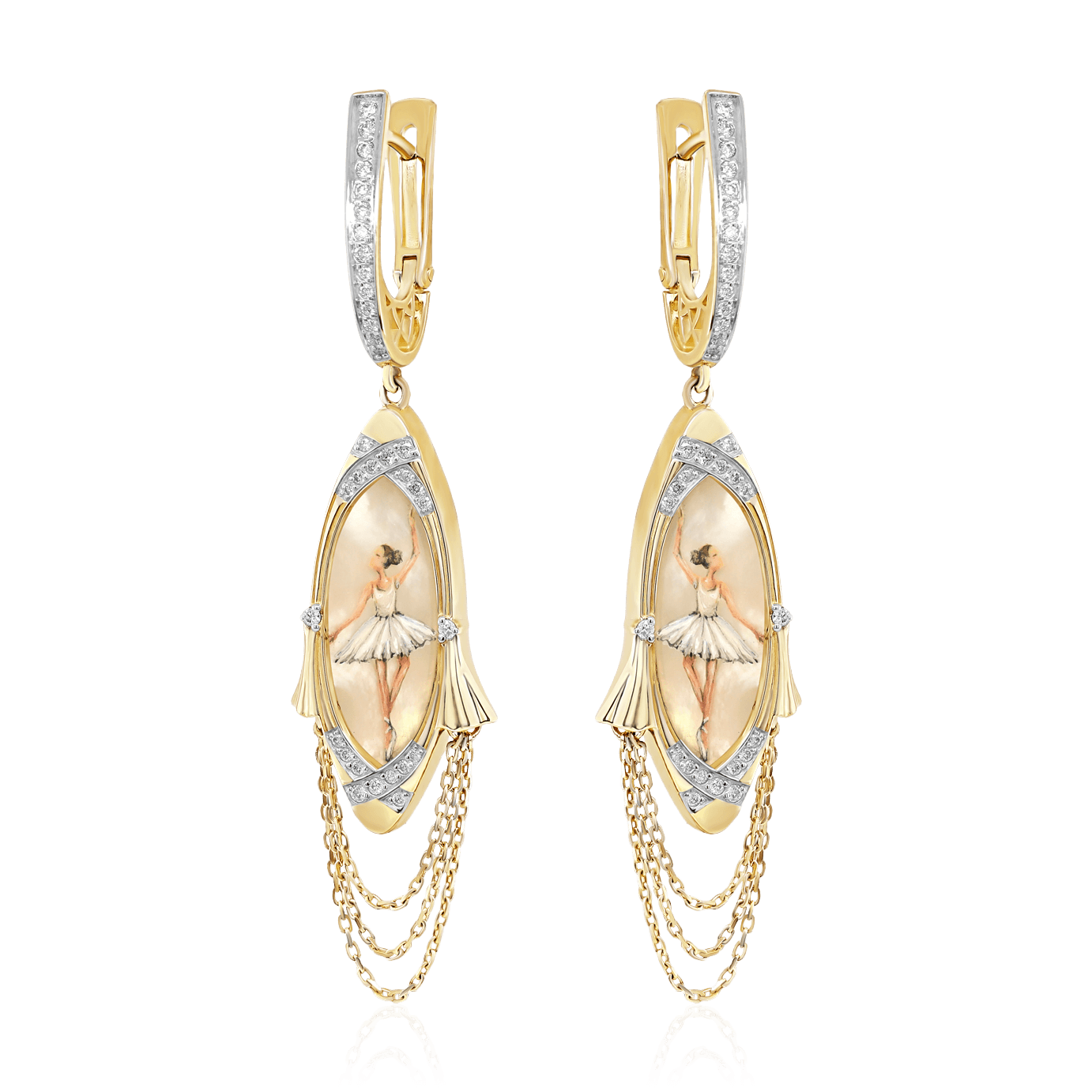 Серьги Балерина с перламутром, бриллиантами из желтого золота 585 пробы (арт. 104184)