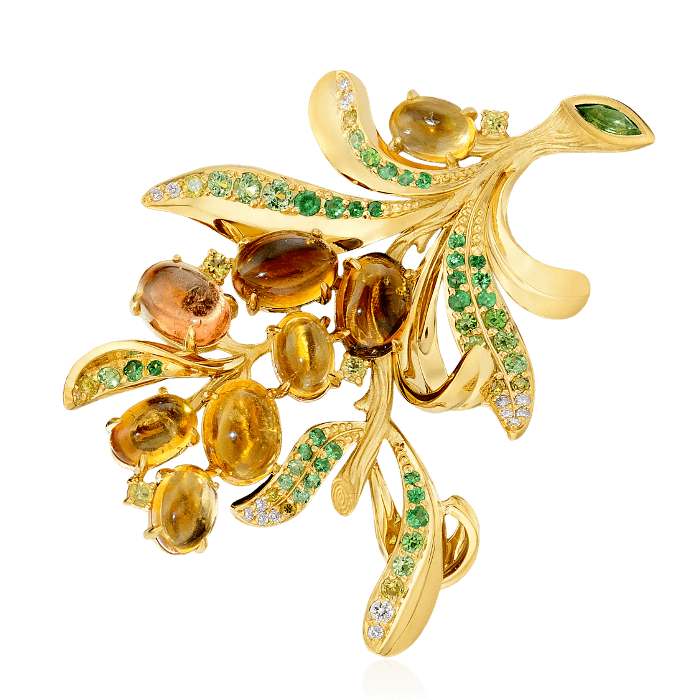 Брошь с турмалином, цитрином, бриллиантами, демантоидом, тсаворитом, цветными сапфирами из желтого золота 750 пробы (арт. 38758)