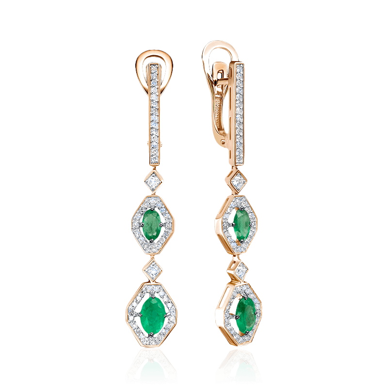 Серьги с изумрудом, бриллиантами из красного золота 585 пробы (арт. 122627)
