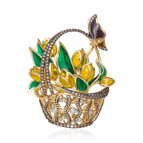 Брошь Тюльпаны с бриллиантами, эмалью из желтого золота 585 пробы (арт. 49927)