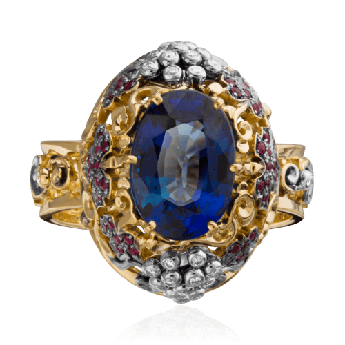 Кольцо с сапфиром, рубином, бриллиантами из желтого золота 750 пробы, фото № 2