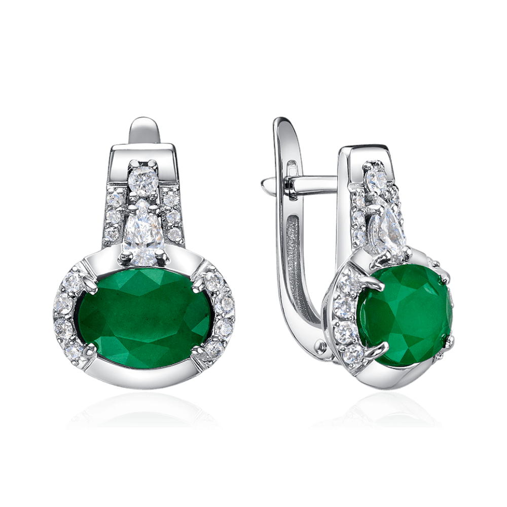 Серьги с изумрудом, бриллиантами из белого золота 585 пробы (арт. 132239)
