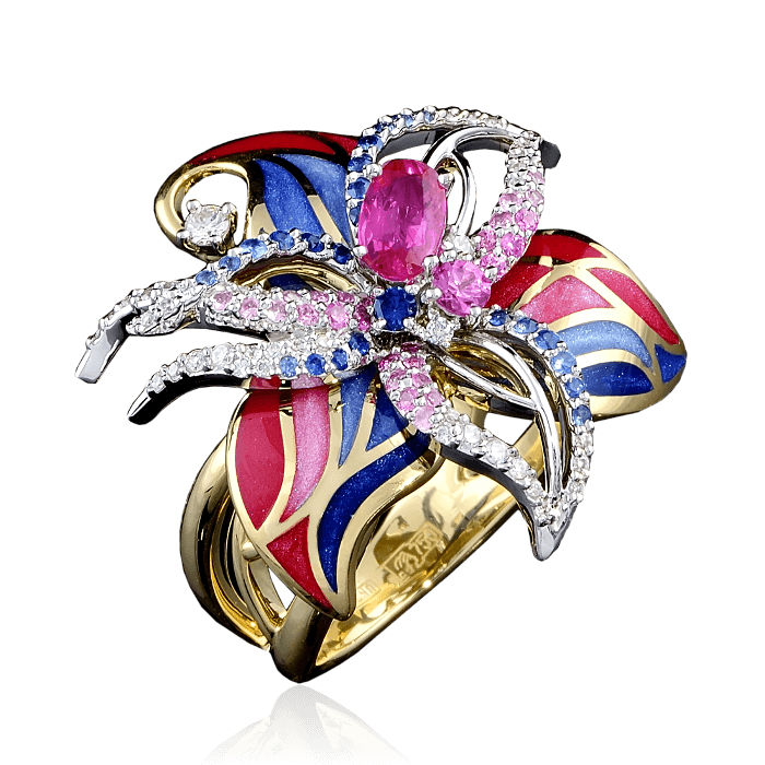 Кольцо цветок с эмалью, сапфирами цветными, бриллиантами, рубинами в комбинированном золоте 750 пробы (арт. 28167)