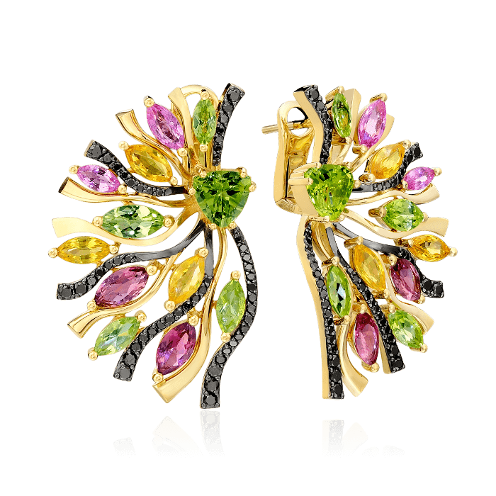 Серьги с бриллиантами, хризолитом, турмалином, сапфиром фантазийным из желтого золота 750 пробы (арт. 37770)