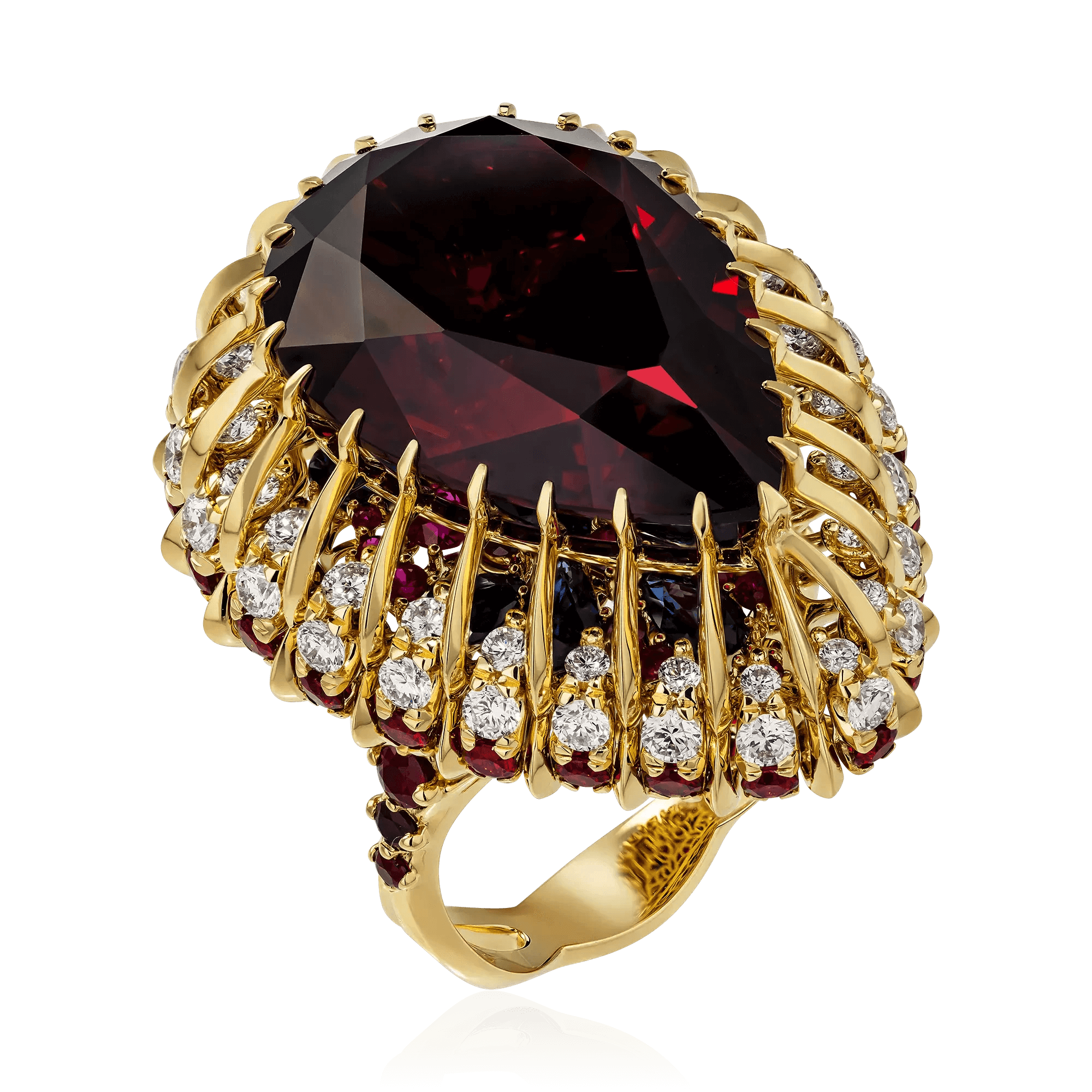 Кольцо с спессартином, рубином, сапфиром, бриллиантами из желтого золота 750 пробы, фото № 1
