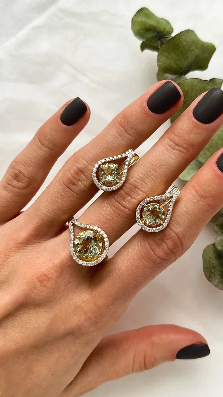 Серьги с бриллиантами, празиолитом из желтого золота 585 пробы, фото № 4