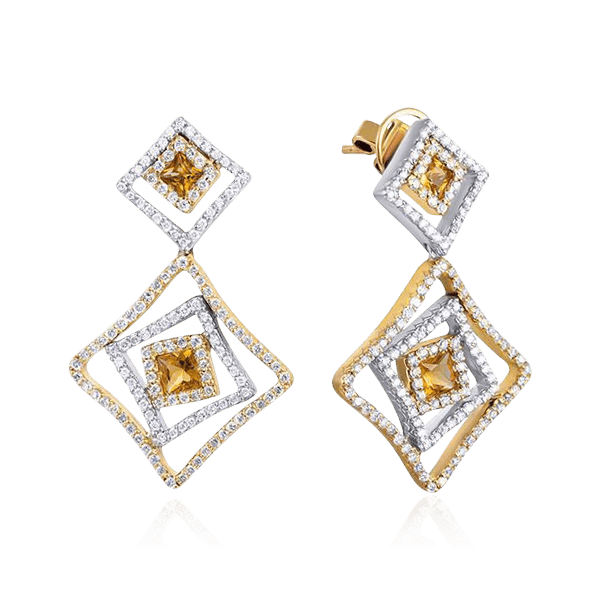 Серьги с цитрином, бриллиантами из желтого золота 750 пробы (арт. 102875)