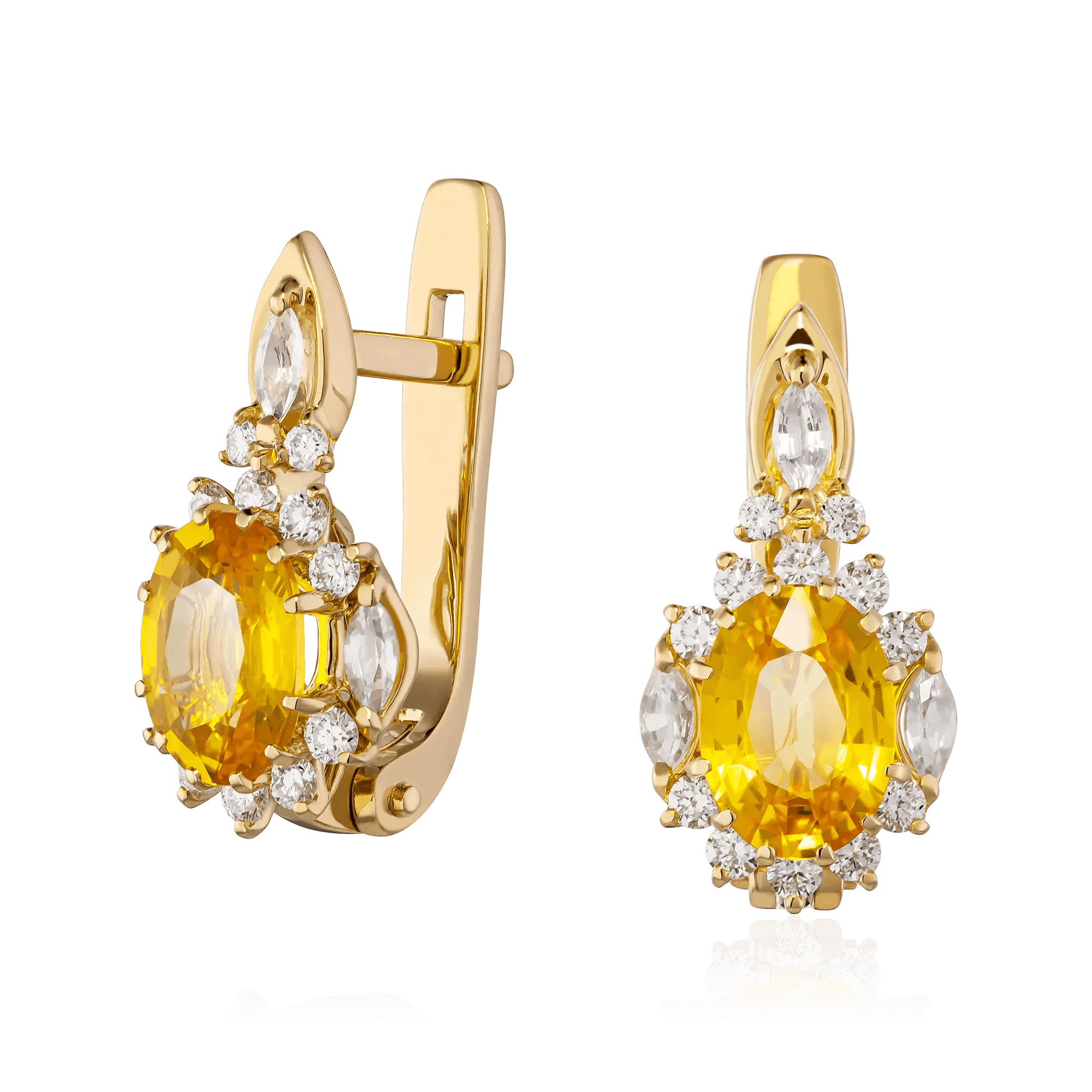 Серьги с сапфиром, бриллиантами из желтого золота 750 пробы (арт. 109463)