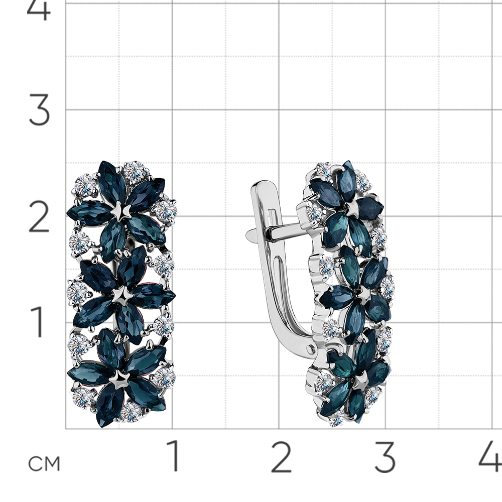 Серьги в виде цветов с сапфиром, бриллиантами из белого золота 585 пробы, фото № 2